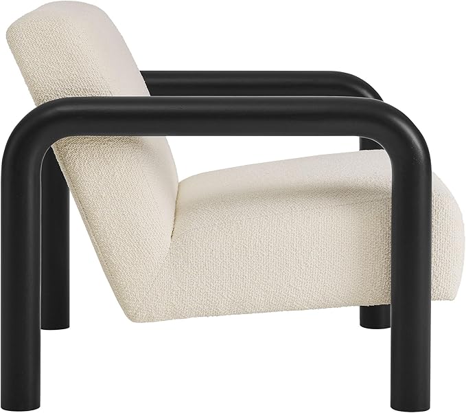 Modway Sereno Modern Boucle Fabric Accent Chair in Cream Black with Rounded Wood Armrests – Upholstered Lounge Chair for Living Room or Bedroom