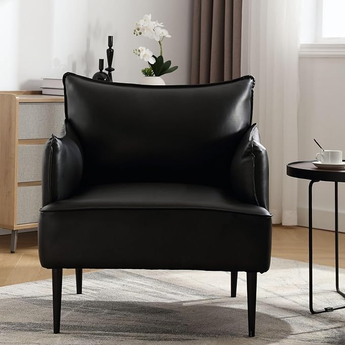 Black Accent Chair with Arms Modern PU Leather Living Room Chair with Metal Legs Upholstered Reading Chair Comfy Side Armchair for Reception Bedroom Small Spaces