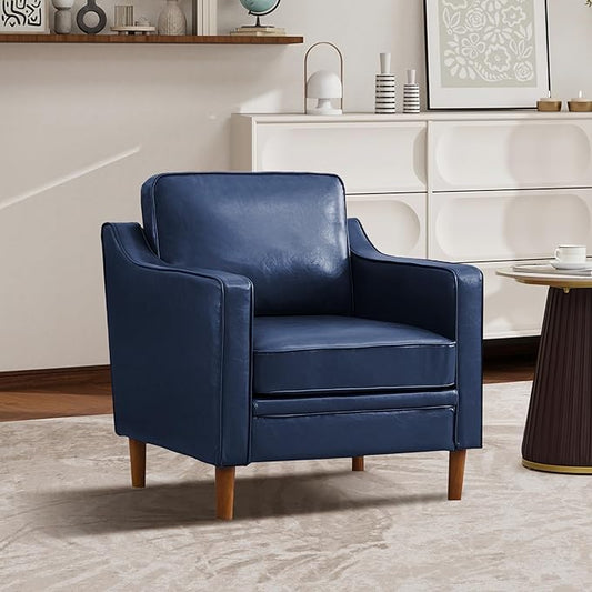 Kingfun Accent Chair Living Room Chairs Faux Leather Reading Armchair Mid Century with Solid Wood Foot Upholstered Modern Decor for Bedroom Apartment Royal Blue