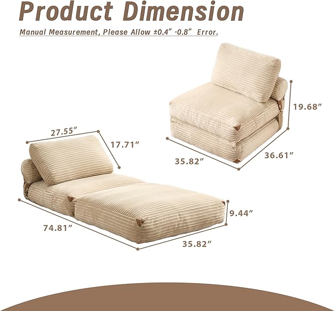 Folding Sofa Bed Convertible Sleeper Chair with Pillow Foldable Mattress Lounge Chair for Living Room Bedroom Portable Guest Bed Beige