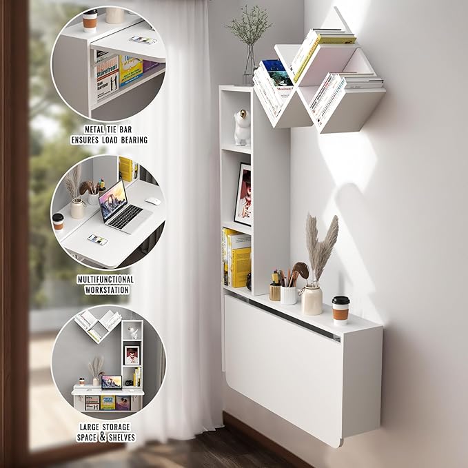 Folding Wall Mounted Drop Leaf Table Foldable Desk with Moveable Cabinets Floating Laptop with Convertible Storage Shelves Multifunctional Computer Workstation in Home for Space Saving