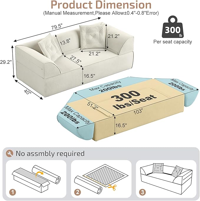 3-in-1 Convertible Sofa Bed 3-seater Boneless Futon Couch with Adjustable Backrest and Armrests Chenille Chaise Lounge Sofa with Pillows Floor Sleeper Loveseat for Living Room Reading Room Beige