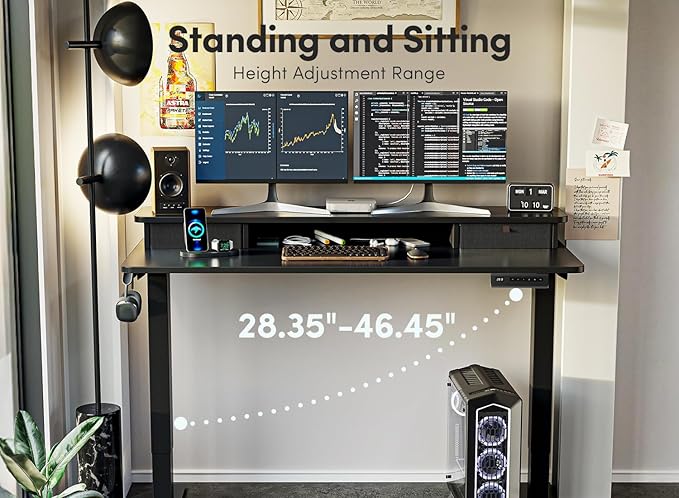 FEZIBO 63 x 28 Inch Deeper Height Adjustable Electric Standing Desk with Double Drawers Sit Stand Up Home Office Computer Desk with 4 Height-Adjustable Feets &amp 2 Hooks Black Frame/Black Top