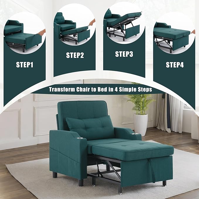 Sleeper Chair 5-in-1 Convertible Chair Bed Pull Out Adjustable Single Armchair Sofa Bed with USB PortsSide PocketCup Holder (Green)
