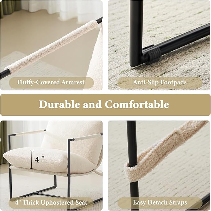 Furnilivng Large Sling Accent Chair Comfortable Boucle Fabric Arm Chair Upholstered Cozy Reading Chair for Living Room Bedroom Dressing Room Home Office White