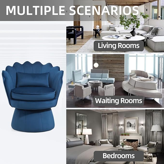 Swivel Barrel Chairs Set of 2 Small Accent Armchair Navy Blue Velvet Upholstered Mid-Century Modern Style for Living Room/Bedroom/Waiting Room for Relaxing &amp Reading Pillow Included