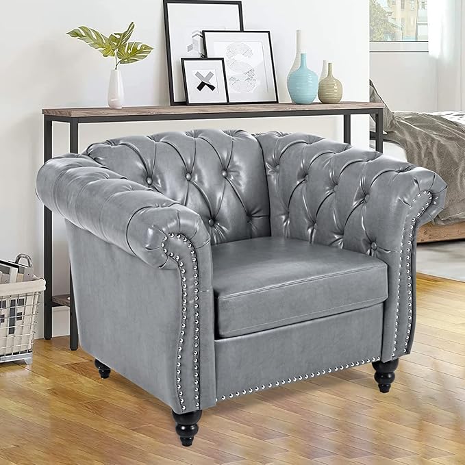 Gray Chesterfield Accent Chair Faux Leather Upholstered Tufted Wingback Club Chair Mid-Century Modern Living Room Chair with Sturdy Wood Frame Comfy Oversized Armchair for Bedroom Office