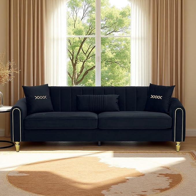 Modern 3-Seaters Velvet Sofa Upholstered Couch with Pillows and Gold Metal Legs for Living Room Office Apartment (Black)