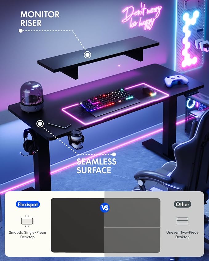 FLEXISPOT Standing Desk with Monitor Stand 48 x 24 Inches One-Piece Electric Height Adjustable Computer Desk with Cup Holder for Home Office Black