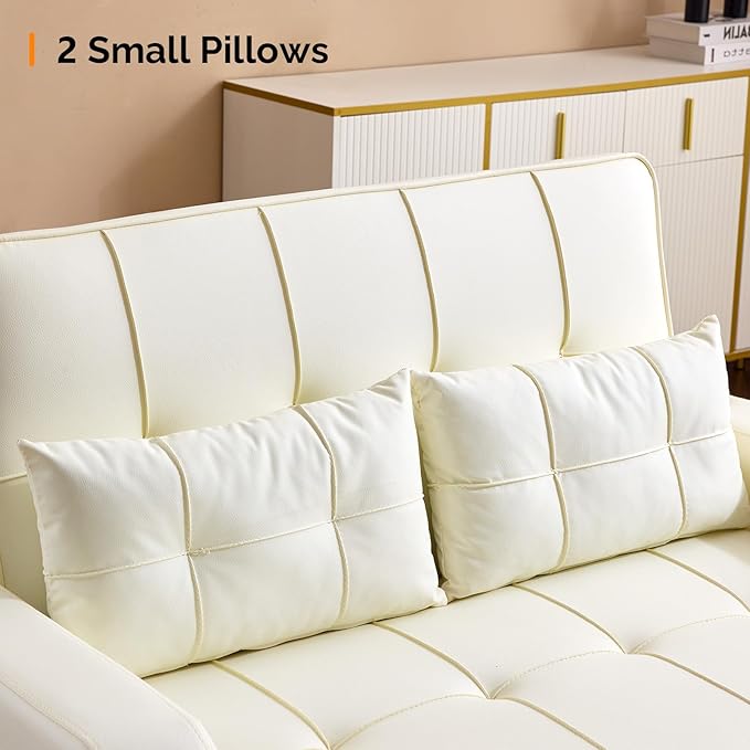 VINGLI Beige Futon Sofa Bed Convertible Loveseat Sleeper Couch Faux Leather Pullout Sofa Fold Out Couch Bed with USB Ports Cup Holders Armrest for Living Room Bedroom Apartment Room