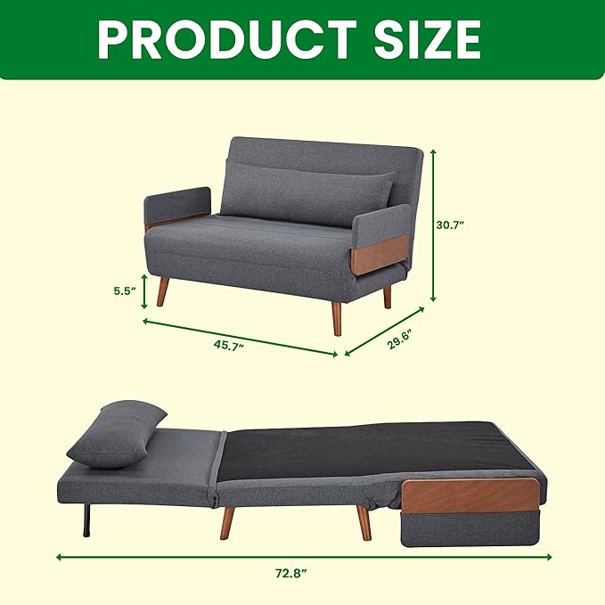3-in-1 Convertible Sofa Bed Futon Loveseat Couch with Pillow Adjustable Backrest and Removable Armrests Recliner Sleeper Sofa for Small Spaces Living Room Bedroom or Office Dark Grey