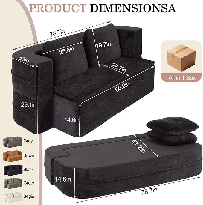 Folding Sofa Bed 78.7 Extra-Long Convertible Sofa Bed with 2 Pillows &amp Blanket 14.6 Thick High-Density Foam Boneless Couch for Bedroom Living Room Apartment Black