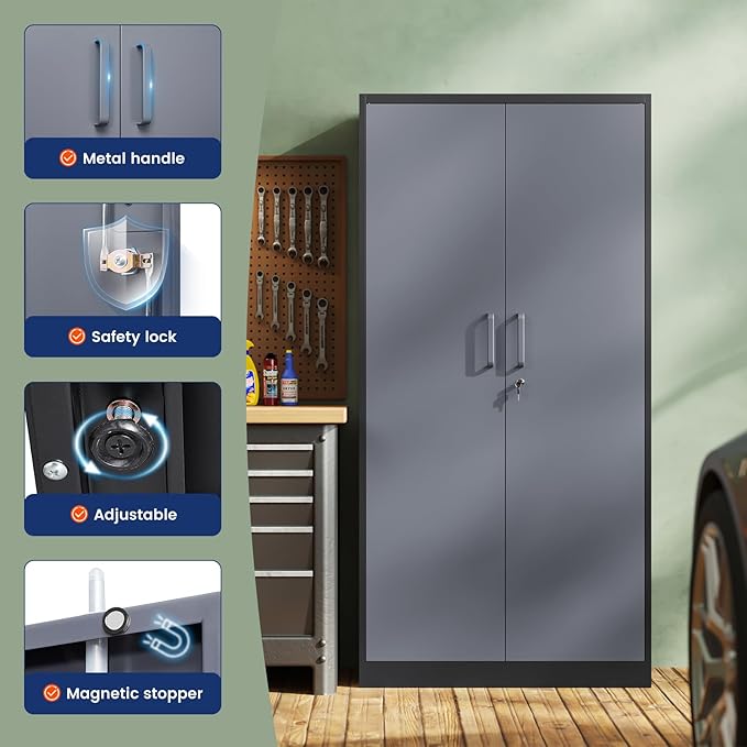 Yizosh Metal Storage Cabinet with Locking Doors and 5 Adjustable Shelves 72 Garage Storage Cabinet Steel Lockable for OfficeHomeGarage