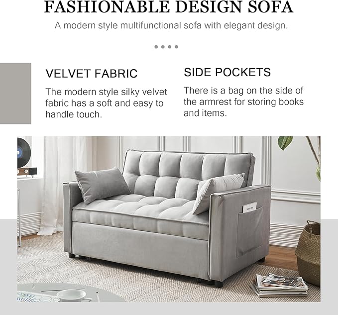 54.8'' Sleeper Sofa Bed 3-in-1 Convertible Couch with Pullout Bed Reclining Backrest Storage Pockets – Modern Space Lounge Furniture for Living Room Includes Toss PillowsGrey