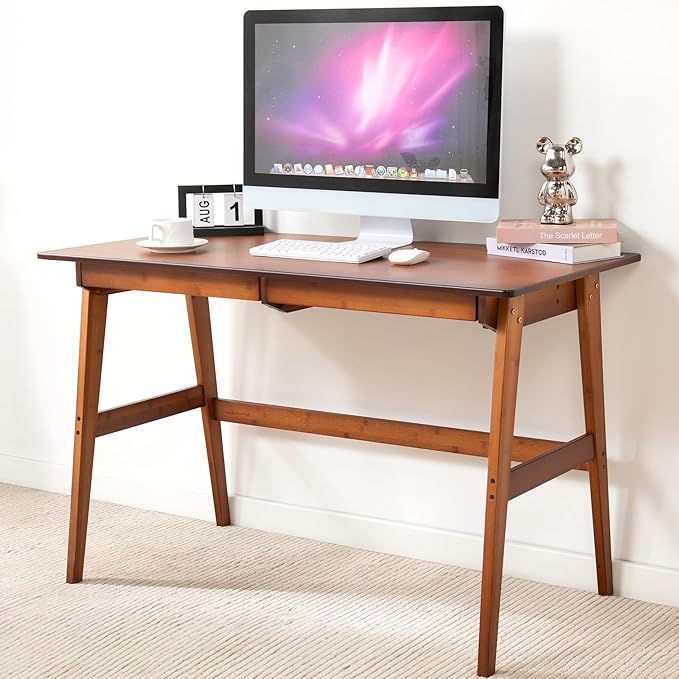 Nnewvante Desk Bamboo Table with 2 Drawers Simple Modern Furniture for Home Office Computer Writing Study Makeup &amp Workstation (46''-Brown)