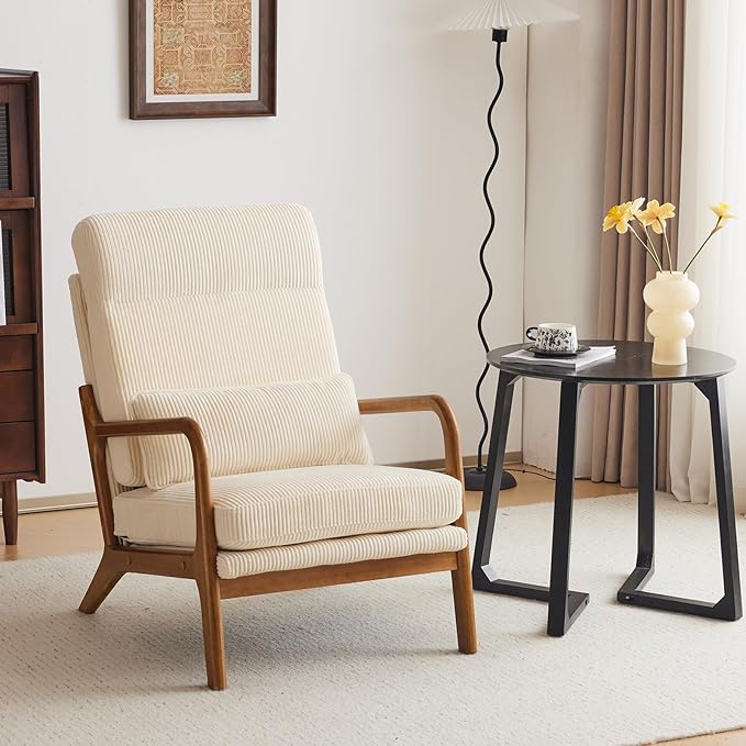 Karl home Mid-Century Modern Accent Chair Living Room Chairs with Pillow High Back Corduroy Upholstered Lounge Armchair with Solid Wood Frame &amp Soft Cushion for Bedroom Reading Room Beige