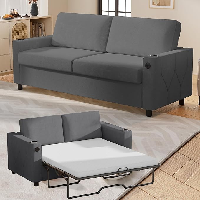 BALUS Pull Out Sofa Bed Full Size Sleeper Sofa with Inbuilt Cup Holder &amp USB Ports 2-in-1 Convertible Pullout Couch with Memory Foam Mattress for Living Room Home Office Dark Grey