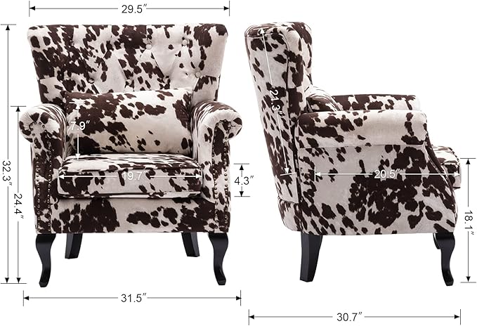 Kmax Velvet Club Chair Tufted Throne Mid Century Accent Wingback Chair Padded Seating Wood Legs Home Club Bedroom Living Room Cow