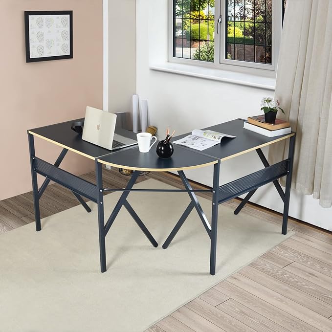 FurnitureR L-Shaped Computer Desk Gaming Table Home Office Corner Desk Writing Study Computer Table with Sturdy Metal Frames for Home Office Saves Space Black (49.2 Inch)