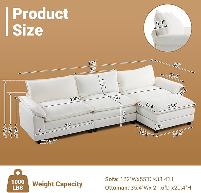 VINGLI 122 Cloud Double-Layer Deep Convertible Sectional Sofa Comfy L-Shape 3-Seat Couches for Living Room Modern Couch with Movable Ottoman for Living RoomChenilleCream