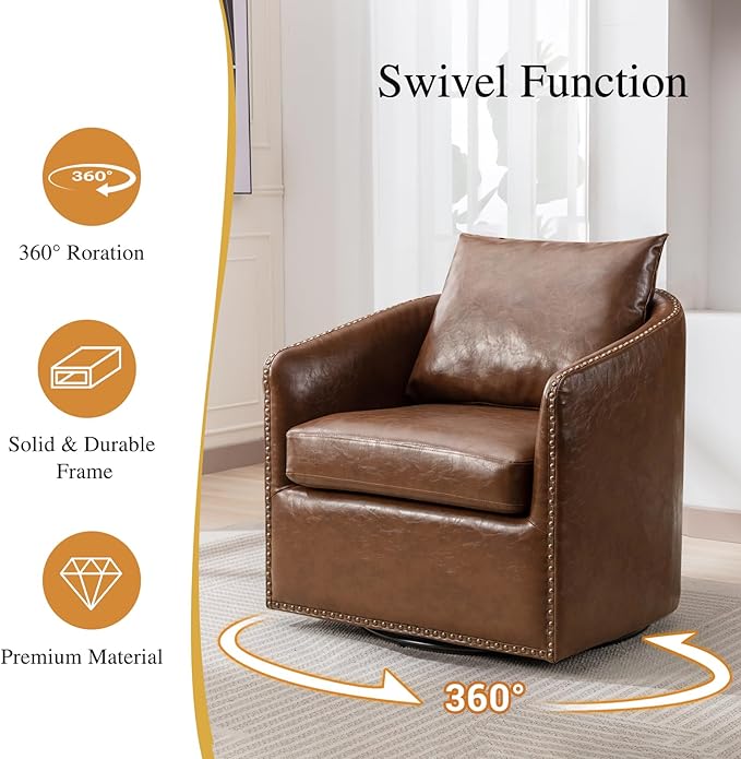360 Degree Swivel Accent Chair Set of Two with Plump Back Pillow Waterproof Oil Waxed PU Leather Swivel Armchair with Rivets Comfy Vintage Round Barrel Chair for Living Room