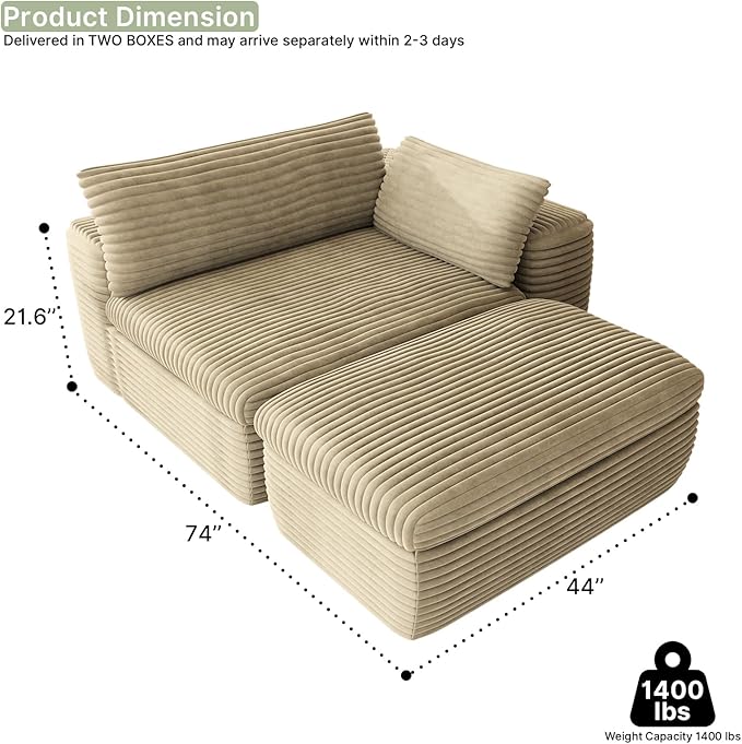 85'' Chaise Lounge Chair Indoor with Double Layer Seat Cushion Boneless Sectional Couches for Living Room with Ottoman Plush Corduroy Sofa Bed Cloud Couch No Assembly(Beige)