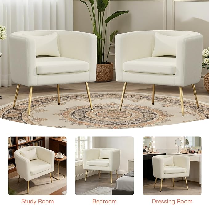 Velvet Accent Chair Set of 2 Modern Barrel Armchair with Lumbar Pillow &amp Gold Legs Upholstered Club Chairs for Living Room/Bedroom/Guest Reception White