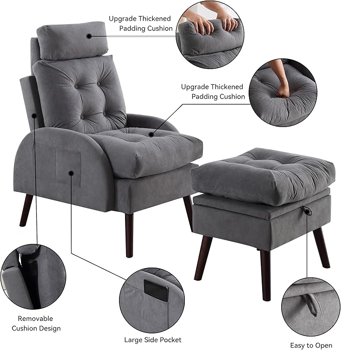 Chair with Ottoman SetAccent Chair with Ottoman Storage and Adjustable BackrestComfy Reading Lazy Lounge Chair and Ottoman with Side Pocket for Living RoomBedroomVelvet Dark Grey