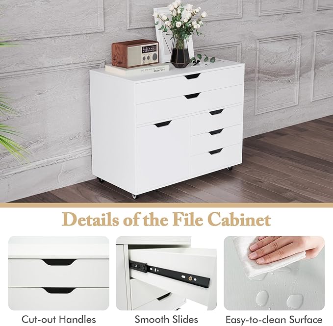 MAT EXPERT 5-Drawer Mobile File Cabinet w/Door Lateral Filing Cabinet w/5 Universal Wheels Rolling File Cabinets with Storage Modern Wood Printer Stand for Home Office Living Room Study (White)
