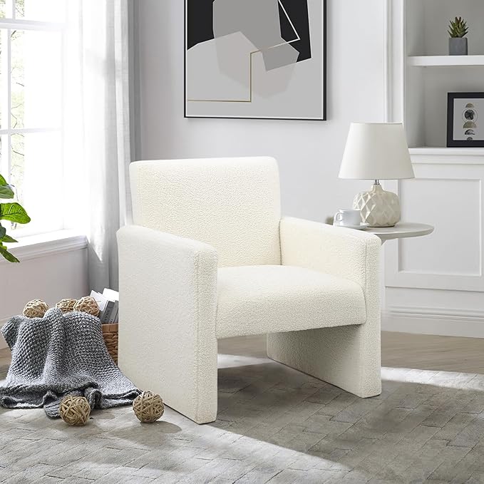 FUNKEEN Boucle Accent Chair Set of 2 – White Sherpa Armchairs with Plush Cushioned Seat Cozy Chairs for Living Room Bedroom Reading Nook