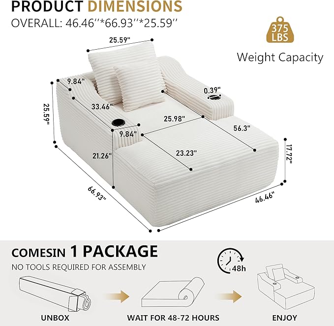 67inch Chaise Lounge Chair Indoor Upholstered Corduroy Couch with 2 PillowsComfy Fluffy Cloud CouchSingle Sleeper Sofa Chair for Livingroom (White 46.5W X 67D with Cup Holder)
