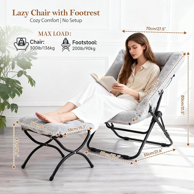 Saucer Chair with Ottoman Oversized Foldable Faux Fur Chair X-Large Soft Dorm Chair Patio Study Playroom (Grey)
