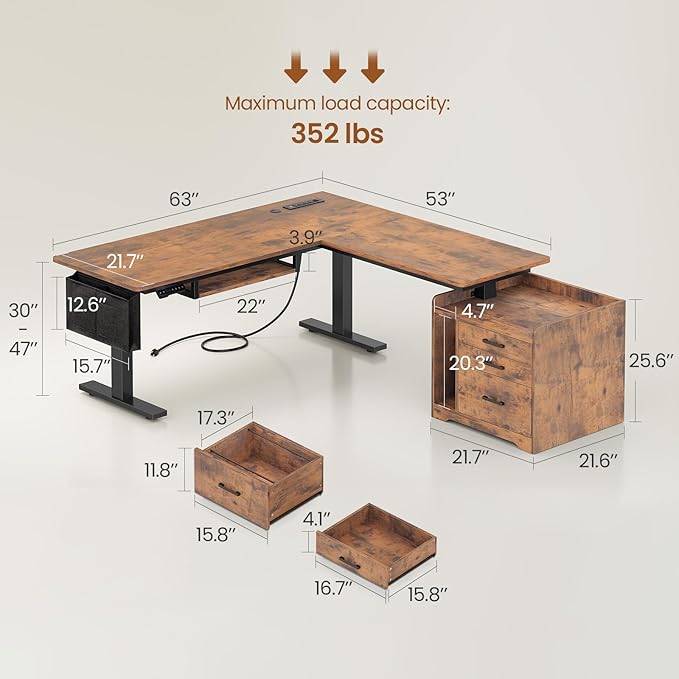 SEDETA L Shaped Electric Standing Desk with File Cabinet 63 x 53'' Height Adjustable Home Office Computer Desk with 3 Drawers Power Outlet Stand up Gaming Table with Led Lights Rustic Brown