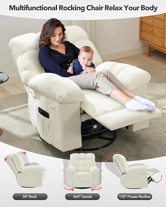 Adult Rocker Swivel Recliner Chair - Soft Fabric Overstuffed Manual Glider Comfy Nursery Rocking Sofa Chair for Living Room