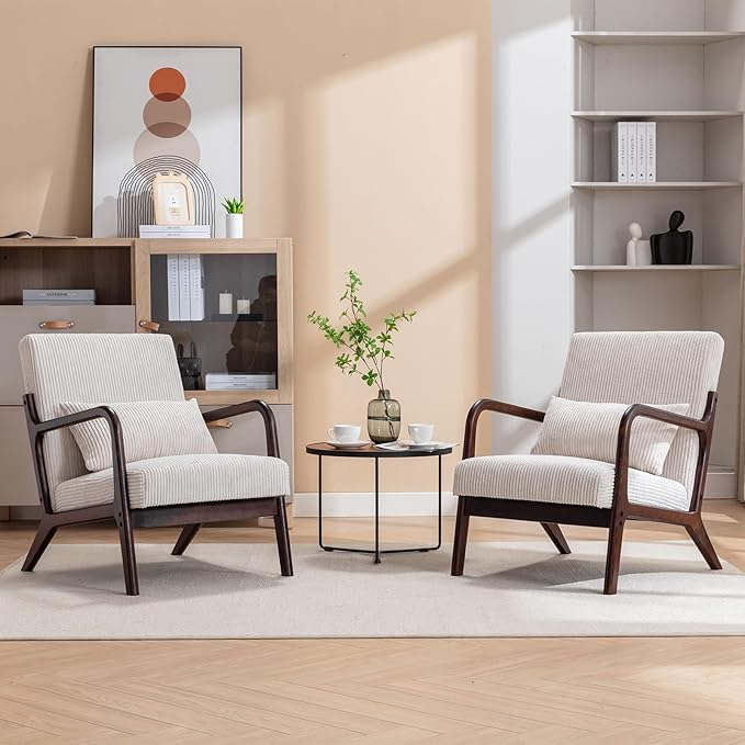 Mid Century Modern Accent Chairs Set of 2 Living Room Chairs Boho Armchair Set of 2 with Lumbar Pillow Solid Wood Frame &amp Corduroy Fabrics for Living Room Bedroom