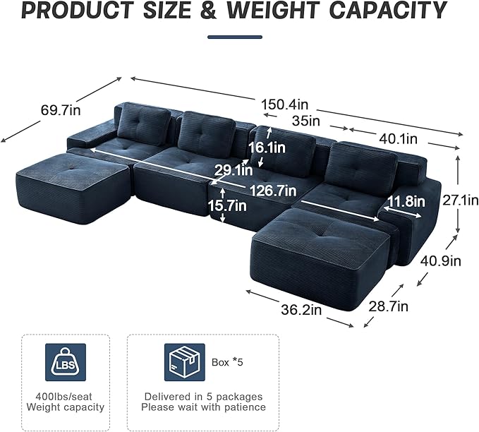 150.4'' Sectional Sofa 32D Foam Corduroy Boneless Couch with Pillow Deep Seat Wide Arm Sectional U Shaped Couch for Living Room Apartment Bedroom