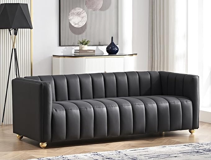 Direct Glam Fabric Upholstered Solid Wood Frame 82.7 Art Deco Sofa for Living Room Office Sophisticated 3 Seater Couch Black