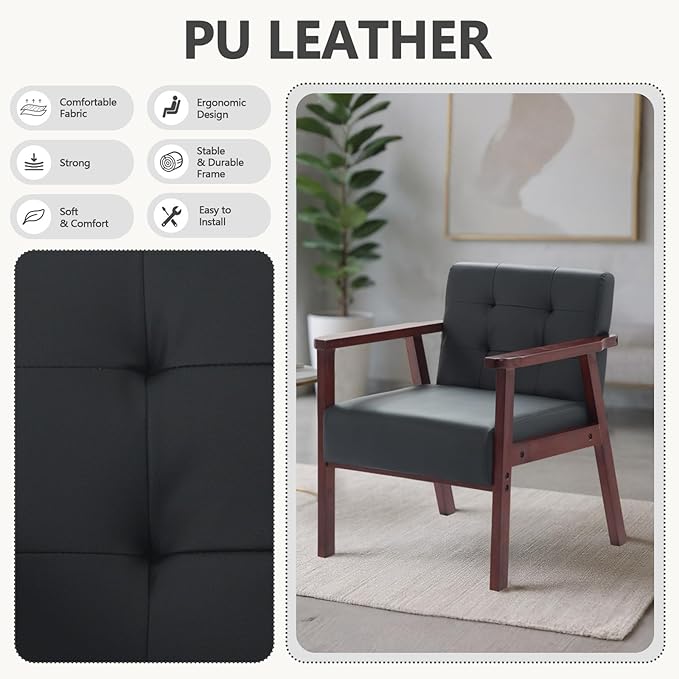 Anwick Mid-Century Modern Accent ChairPU Leather Living Room Chair with Solid Wood FrameComfy Armchair Lounge Reading Chairs for Bedroom Office Small Spaces (Black)