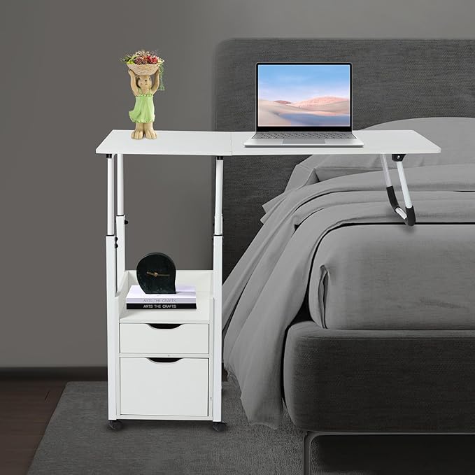 Home Office Desk with Wheels Movable Bedside Table with Plastic Drawers Height Adjustable Over Bed Desk for Laptop White for Home Office Study (White)
