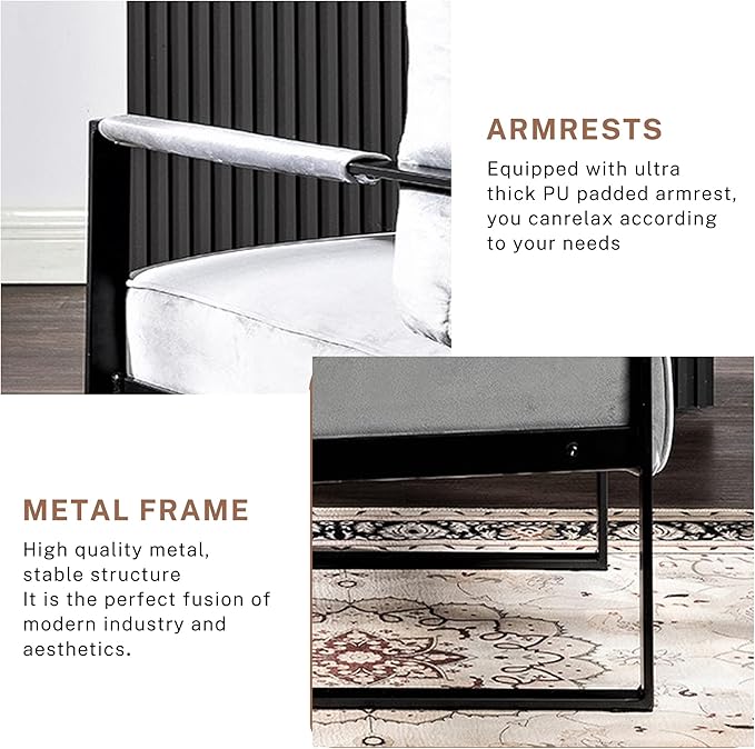 Modern Accent Chair for Living Room Bedroom Mid Century Arm Chair Velvet Office Accent Chair Reading Chair with Metal Frame for Balcony Lounge Grey