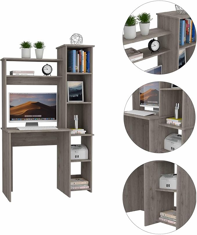 Home Office Desk Writing DeskComputer DeskSix ShelvesGray