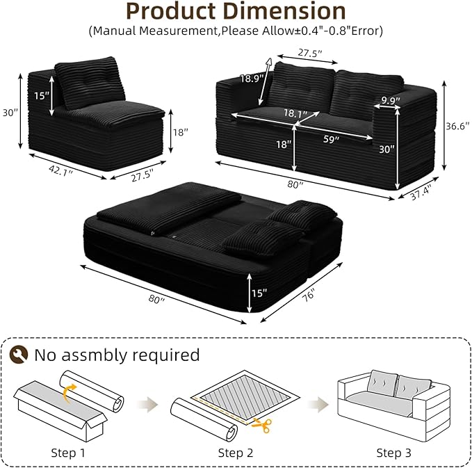 80-inch Folding futon Sofa Bed Full-Size Convertible Sleeper Couch Bed Memory Sponge Double Sofa with Comfortable Mattress Suitable for Living Room (Black Sofa Set 80'' inches+blanket)