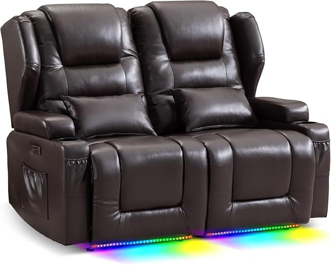 Power Loveseat Recliner SofaReclining Loveseat RV Recliners with Speaker/USB Ports/LED LightsPower Recliner Loveseat Sofa with Cup Holders for Living Room (Brown Loveseat)