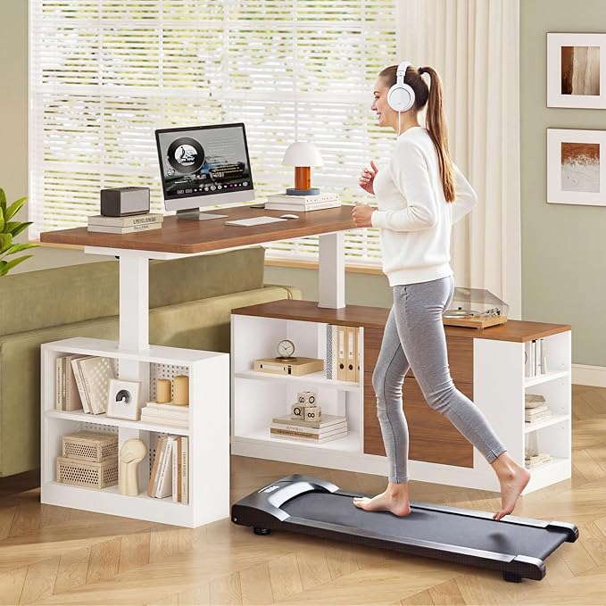 L Shaped Standing Desk Adjustable Height 53 Electric Office Desk with File Drawers &amp Storage Shelves Sit Stand Corner Computer Desk with Power Outlets Pegboard 6 Hooks White&amp Walnut