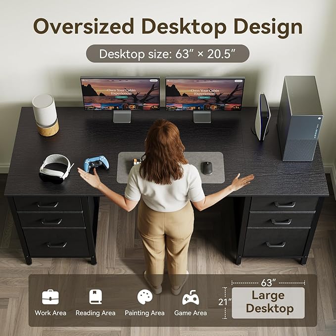 ODK 63 inch Computer Desk with File Drawers Cabinet Modern Office Desk with Large Storage for Home Office Study Gaming Black
