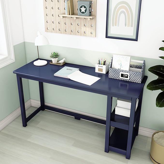 Max &amp Lily Solid Wood Desk With Shelves 55 Inches Blue