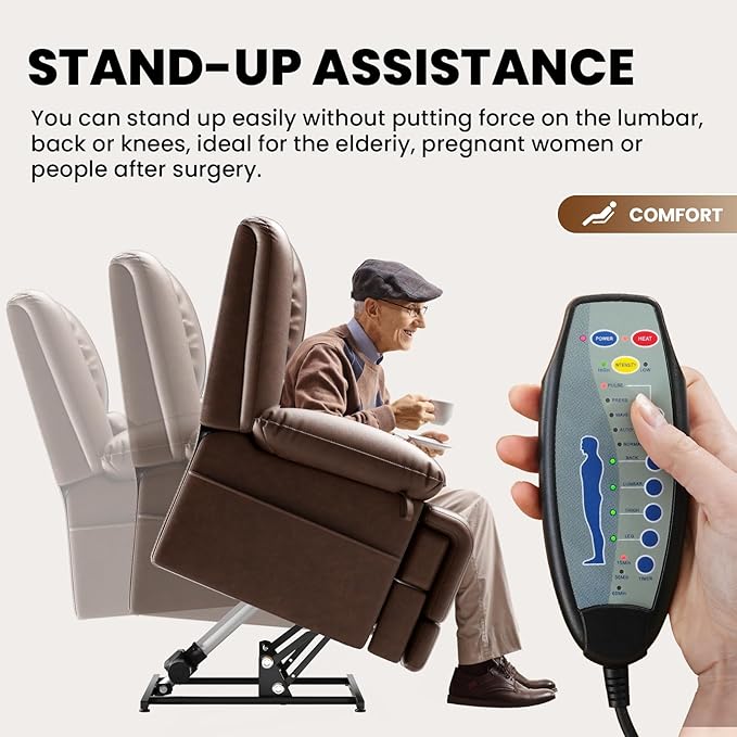 Large Dual Motor Power Lift Recliner Chair with Massage and Heat for Elderly People Infinite PositionUSB Ports and Remote ControlBreathable Leather (Red Brown)