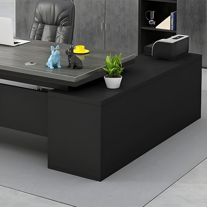 LITFAD Modern L-Shape Office Desk with Wood Base Executive Desks Boss Table Computer Desk Home Office Furniture with Drawers and Storage Shelves - Without Chairs 63 L x 23.6 W x 29.5 H Gray