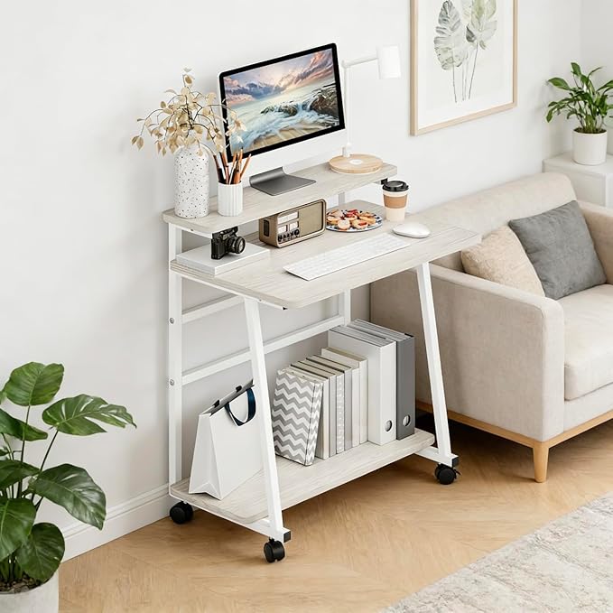 Rolling Computer Desk on Wheels for Small Space 3-Tiers Home Office Desk with Monitor Stand and Storage Shelves Freestanding Mobile Writing Table Laptop Table White