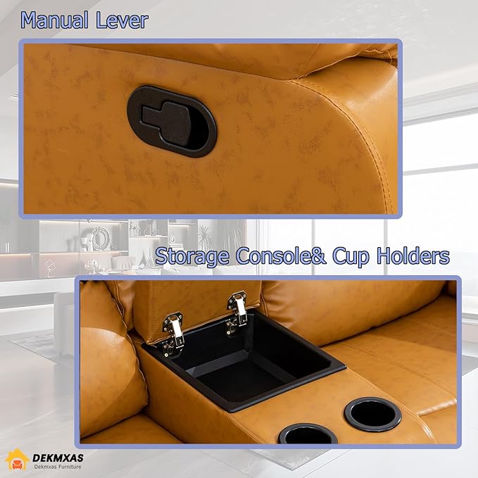 2PCS Reclining Couch Living Room Furniture Sets Manual Recliner Sofa Set Bonded Leather Sofa and Loveseat with Drop-down Table/Cup Holders/Storage Console for Home/Office/Rv Car (GingerSofa+Loveseat)